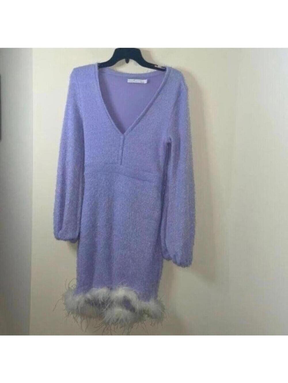 By Egreis Purple Eyelash Long Sleeve Bodycon Sweater Dress White Boa Fur trim